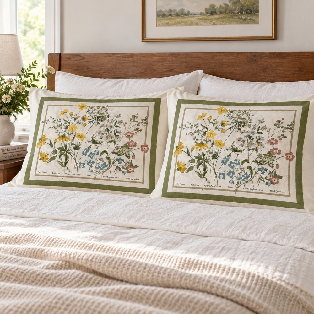 Vtg JCPenney Pillowcase Set Standard White Floral Botanical Herbs 20.5 x 29.5